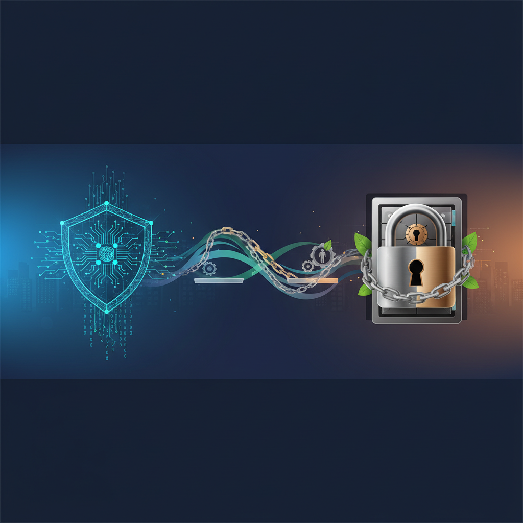 conceptual illustration of digital security versus physical safety, shield icon, padlock, cyber node