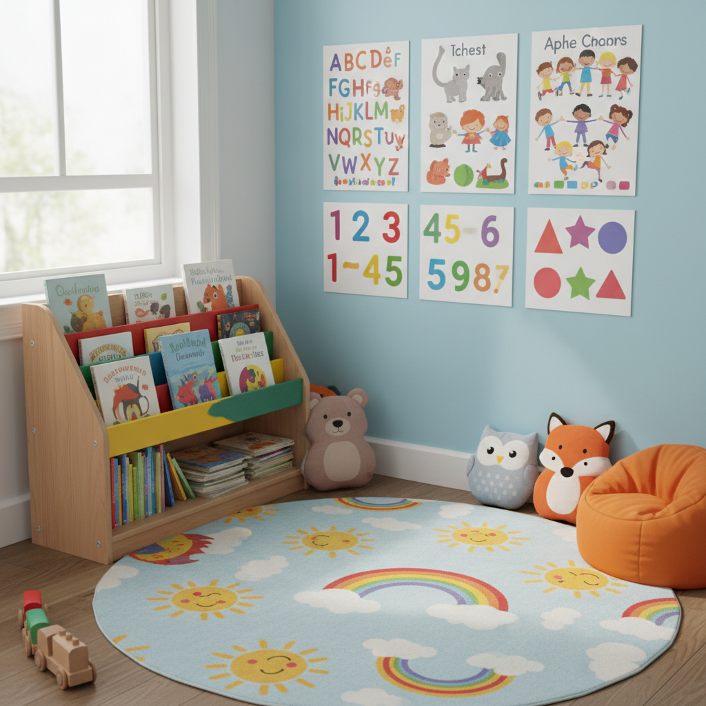 Cozy reading corner in preschool, low bookshelf with colorful books, soft carpet, bright posters on wall