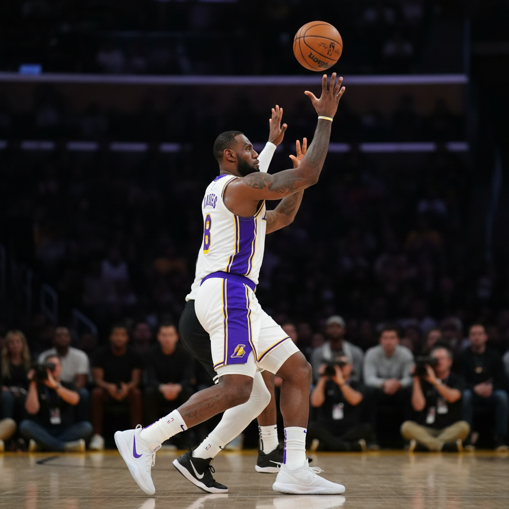 LeBron James shooting a fadeaway jumper over a defender, high release point, Lakers uniform, focus on the ball leaving hand
