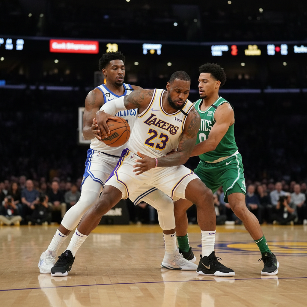 LeBron James dribbling under pressure against defenders, protecting the ball