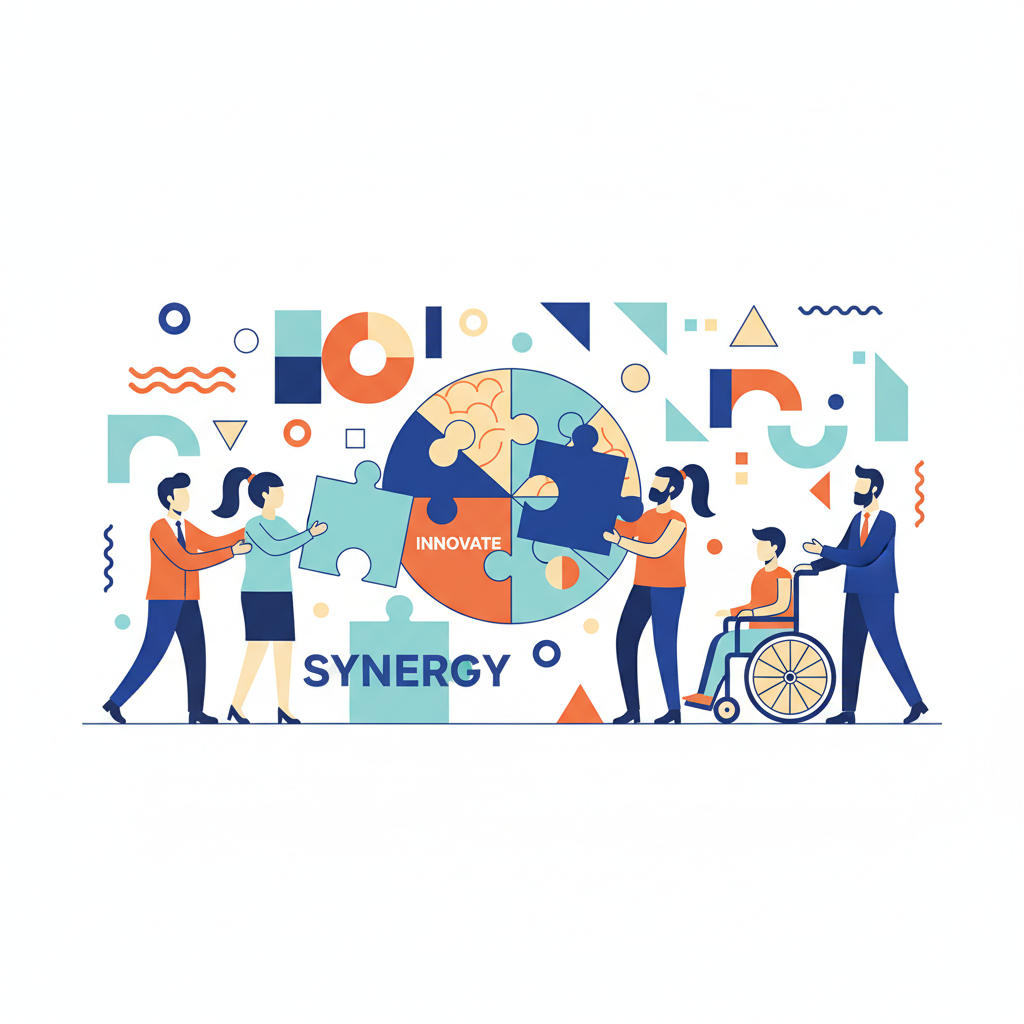 teamwork puzzle concept, four people connecting puzzle pieces, diverse team, corporate memphis style, blue and orange tones