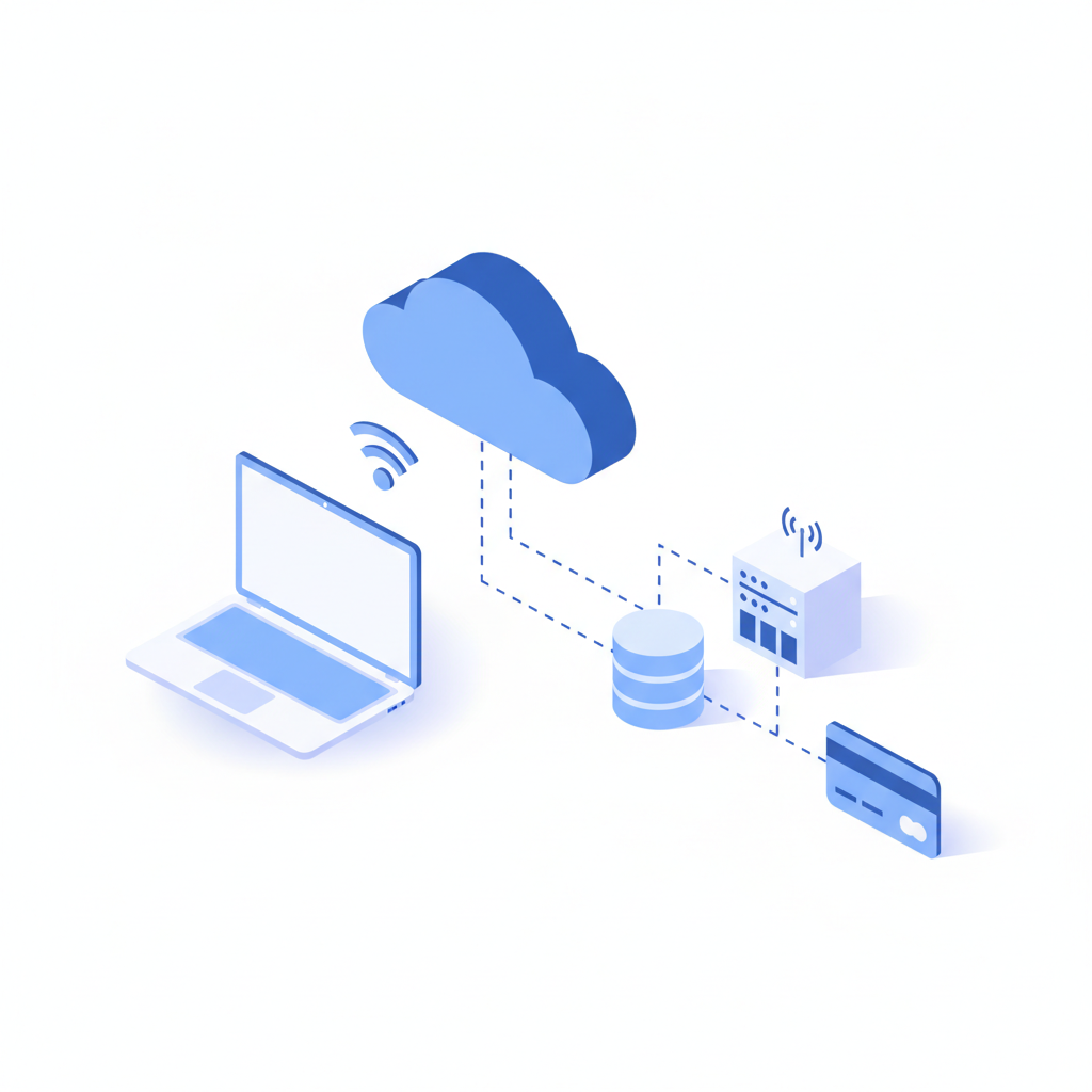 Isometric vector illustration of a modern e-commerce web architecture. Shows a laptop connected to a cloud icon, which branches to a web server icon, a database cylinder, and a payment credit card icon. Clean, blue and white corporate style, white background.