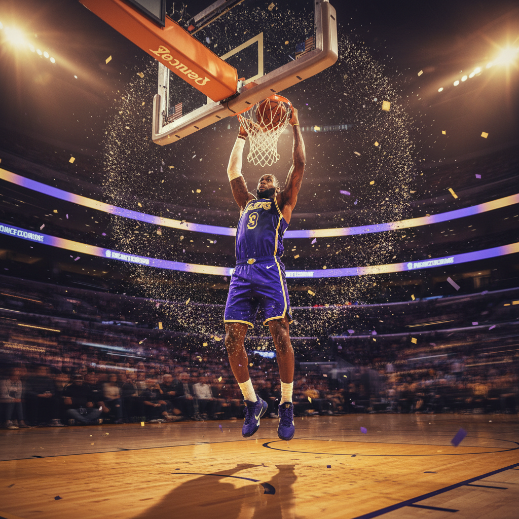 LeBron James mid-air dunk, slow-motion style, cinematic lighting