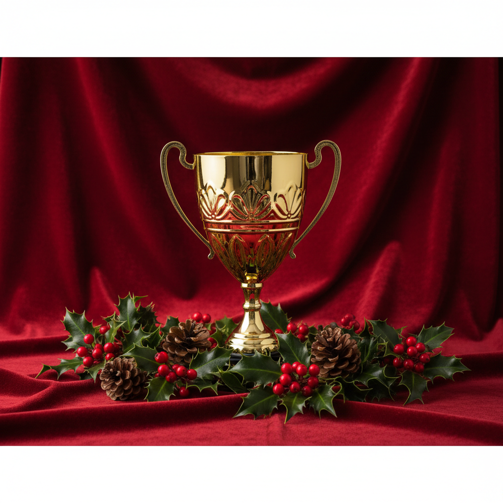 Golden trophy cup surrounded by holly, berries, and pinecones on a red velvet background