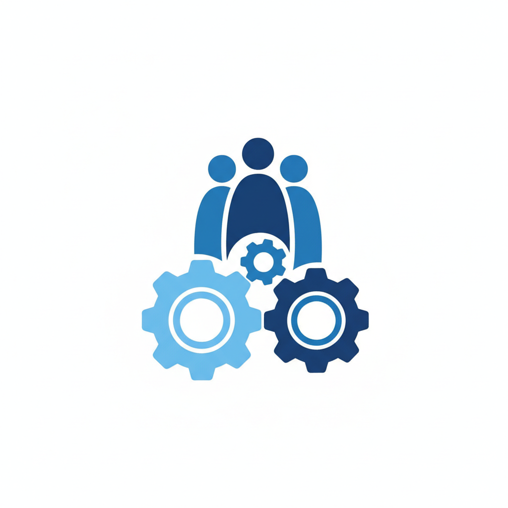 Vector icon of gears and a team silhouette, concept of management and engineering, minimal blue style
