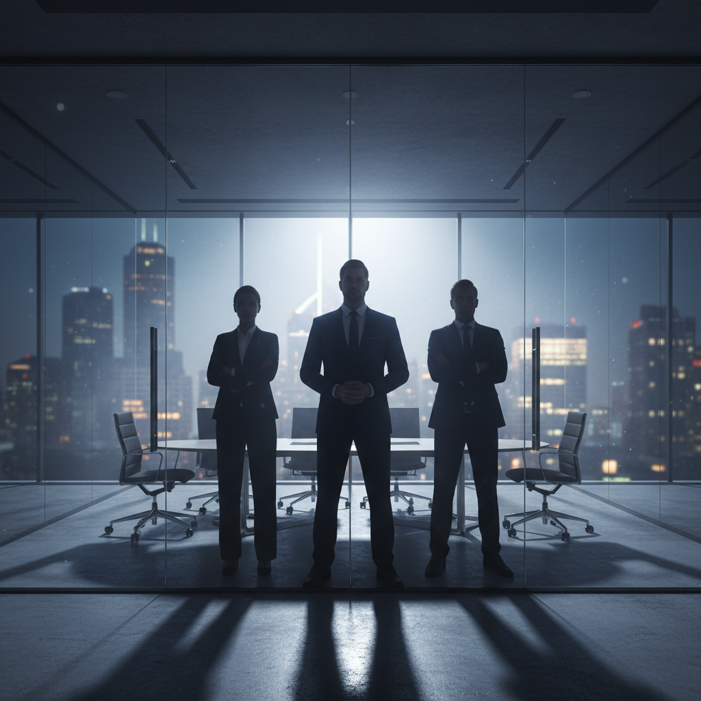 Silhouettes of three professionals standing confidently in a modern glass office board room, cinematic lighting, corporate business style