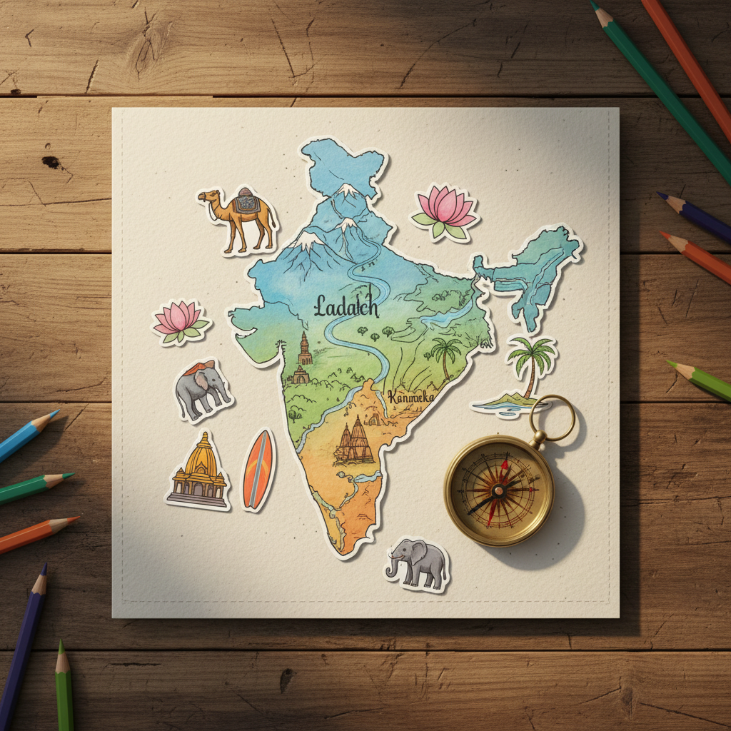 An artistic scrapbook cover design lying on a wooden table, featuring a split map of India highlighting Ladakh in the north and Karnataka in the south, with travel stickers, a compass, and colored pencils around it, warm lighting, photorealistic.