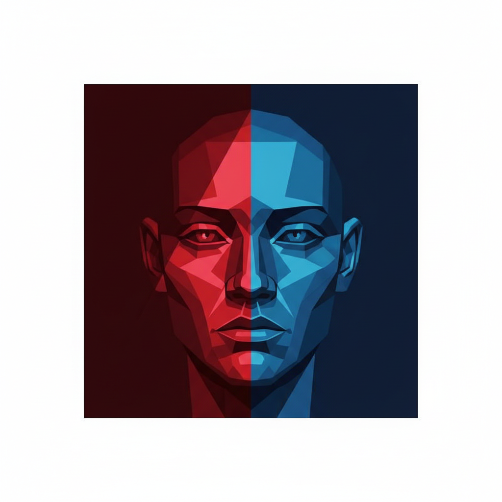 An artistic diagram of a face with hard light splitting the face, high contrast vector illustration, red and blue minimal colors.