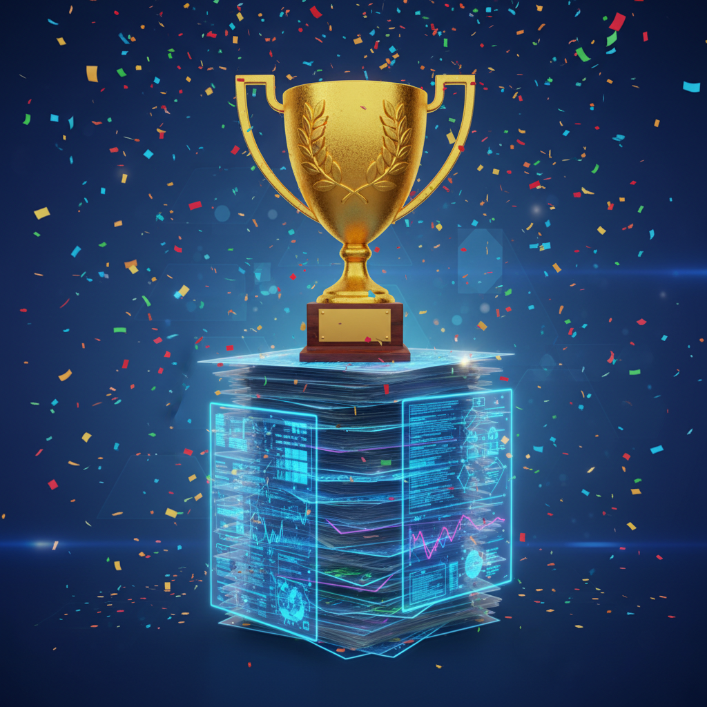 Golden trophy cup sitting on a stack of digital documents, surrounded by confetti, celebration of success, colorful, 3d render, no text