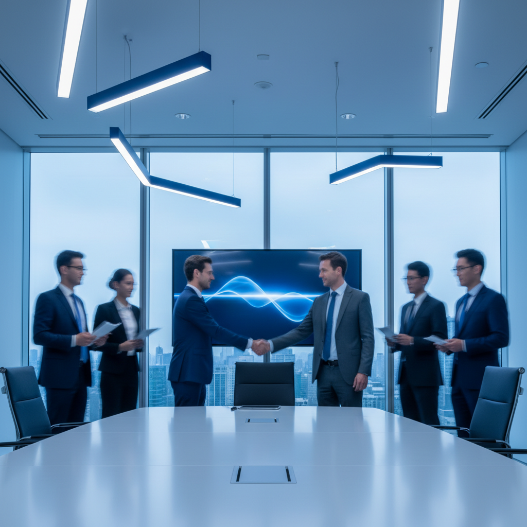 Modern conference room with blurred professionals in suits shaking hands, corporate blue tones, high definition photography