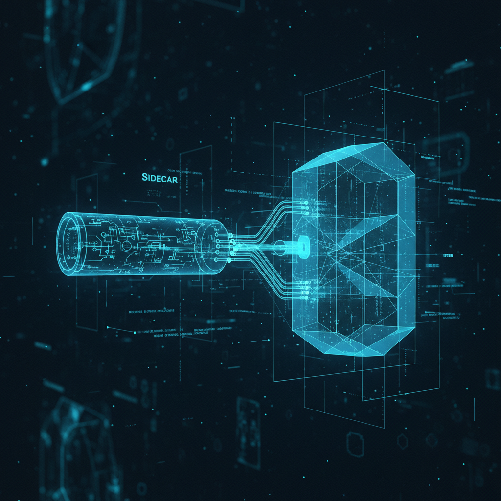 Futuristic technical blueprint visualization of a 'Sidecar' proxy module attaching to a main application container, glowing schematics, blue and cyan colors.