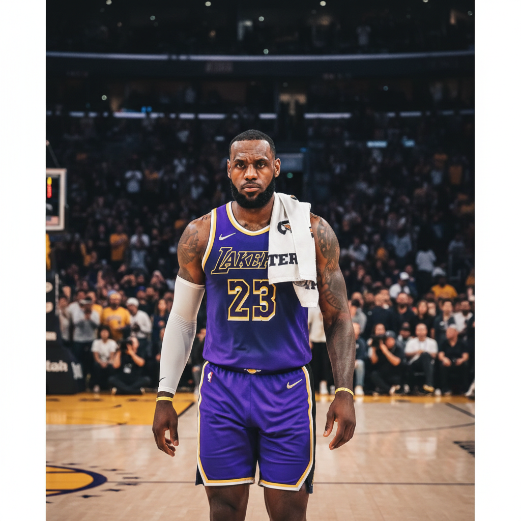 LeBron James walking off the court, serious expression, towel over shoulder, Lakers uniform, blurred crowd in background