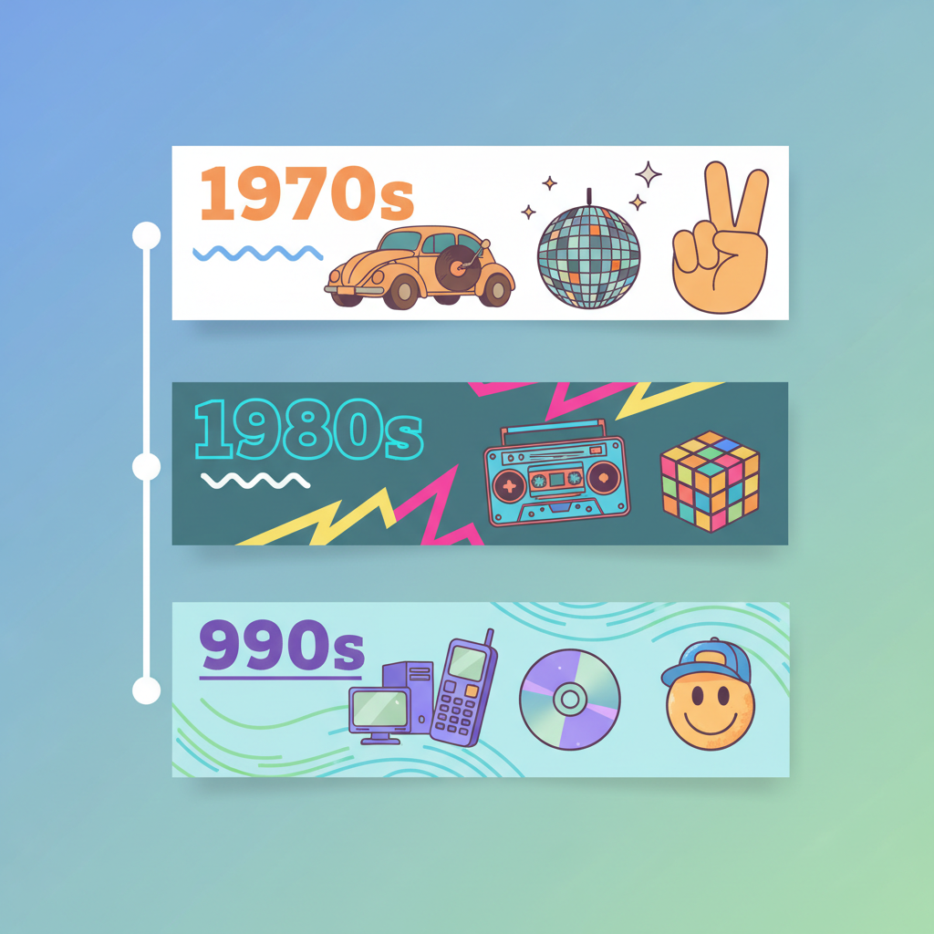 Timeline illustration showing three decades 70s 80s 90s, clean vector style, infographic
