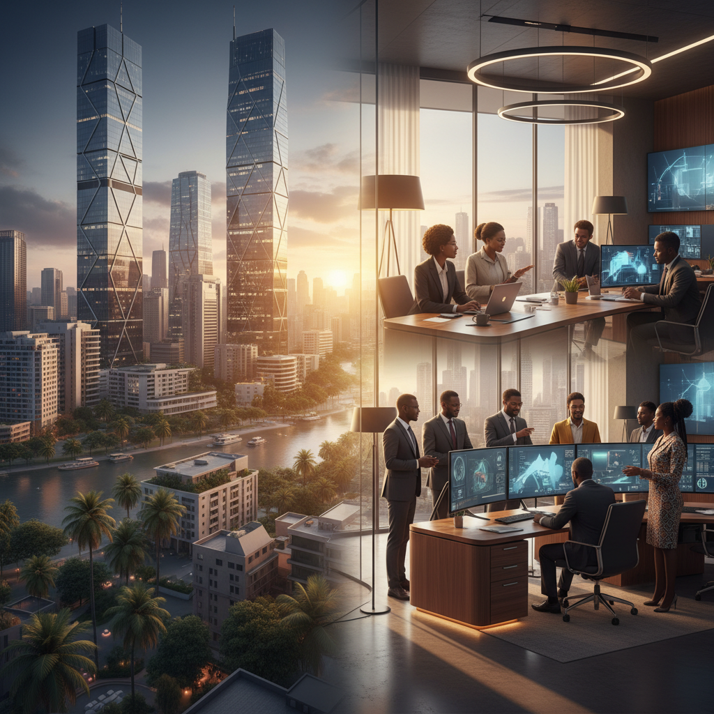 A modern African city skyline merging with a professional office interior, illustrating diverse professionals working together, warm ambient lighting, photorealistic