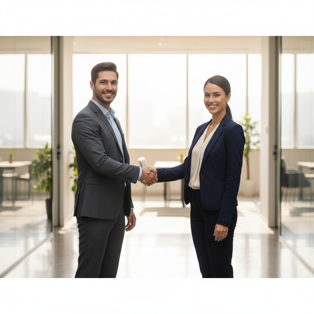Two professionals shaking hands in a well-lit office corridor with a blurred background, symbolizing successful recruitment and agreement
