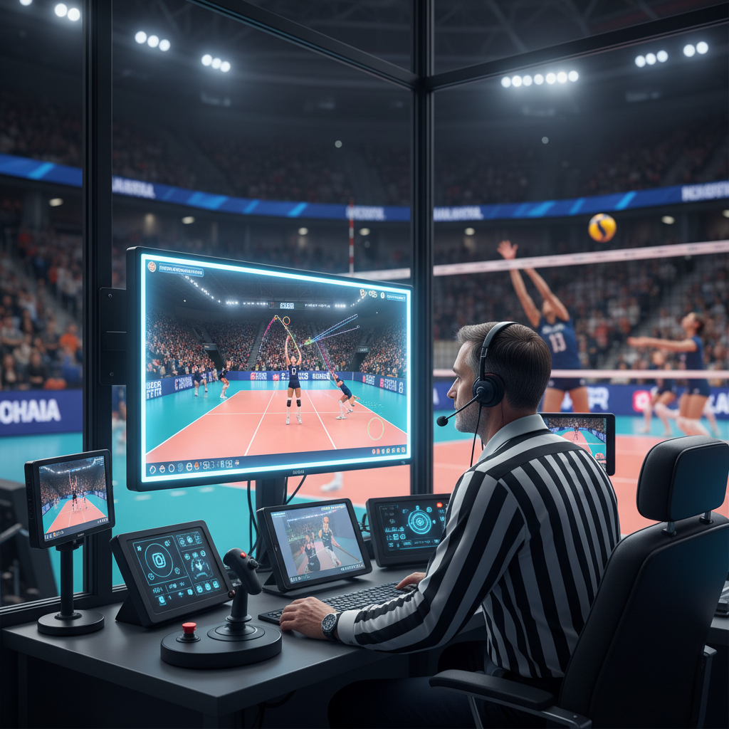 Volleyball referee reviewing a play on a digital monitor screen, video judge booth, high-tech sports equipment details