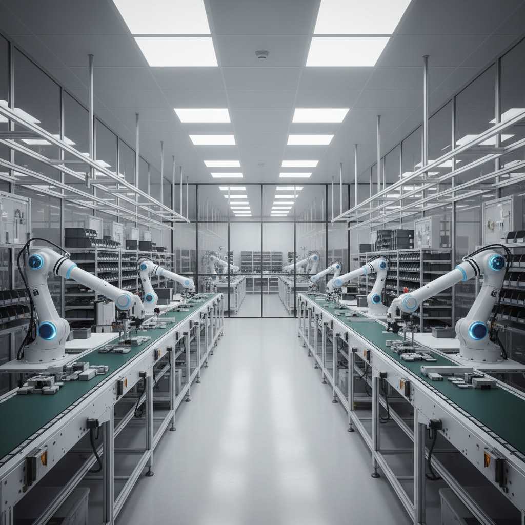 A modern, clean factory floor with automated assembly lines, bright lighting, organized workspace, ultra realistic