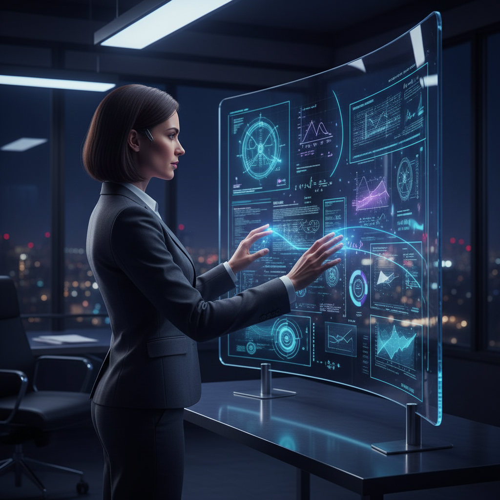 Professional mathematician analyzing data models on a sleek glass holographic board, confident, cinematic lighting, dark mode style