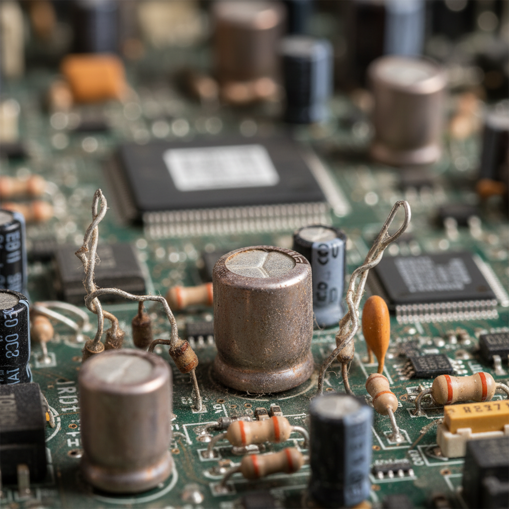 close up of a complex electronic circuit board with some worn out components, symbolizing hardware reality and limitations, distinct depth of field