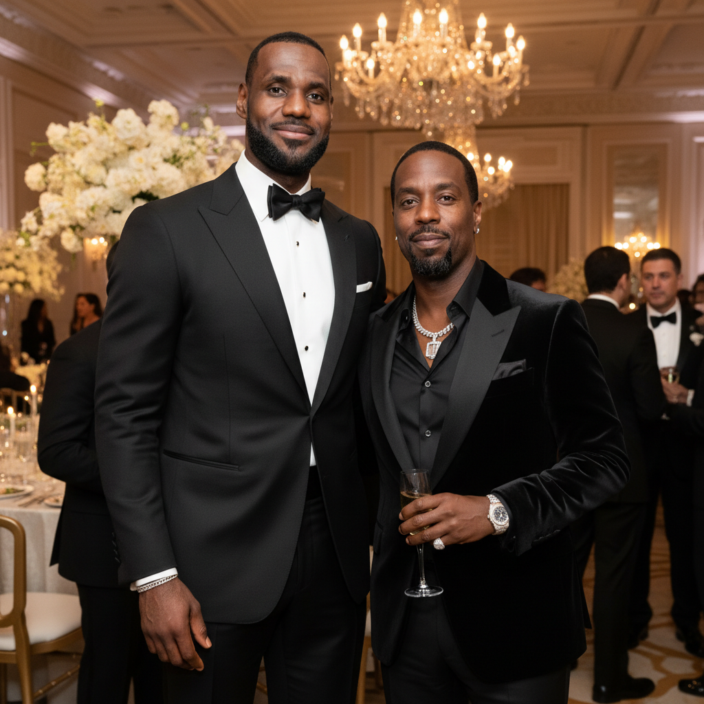 LeBron James standing next to hip hop mogul Sean Diddy Combs at a formal event