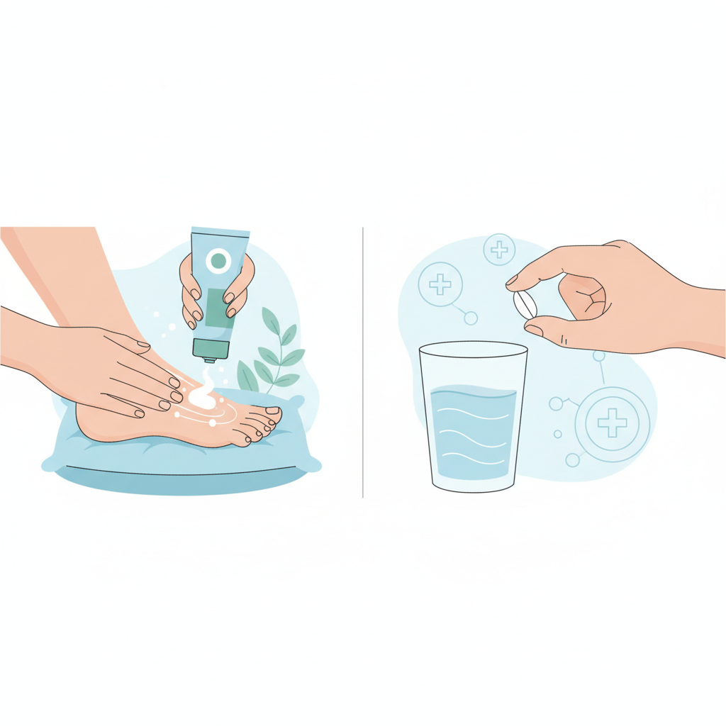 Split image: left side applying cream to foot, right side taking a pill with water, clean medical vector style