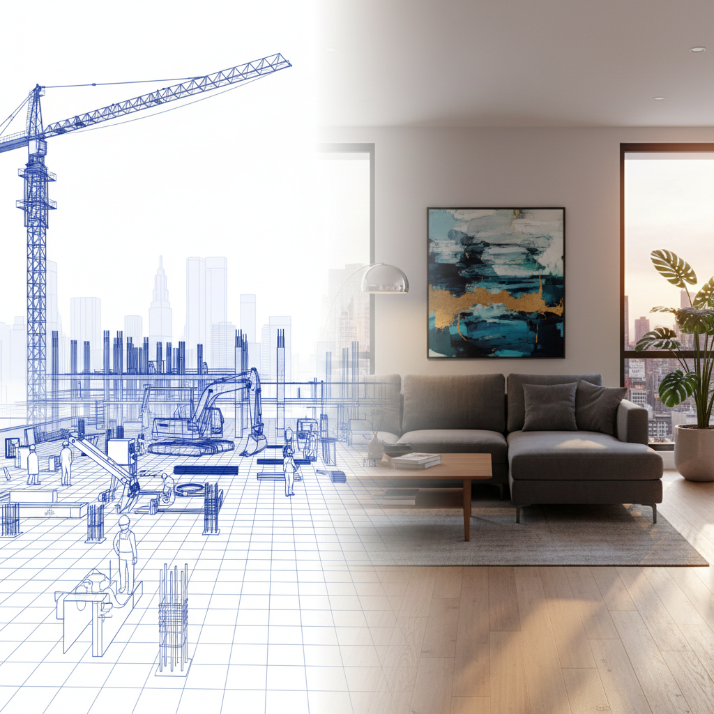 Split composition: left side blueprint construction site, right side modern furnished living room, conceptual real estate comparison, detailed