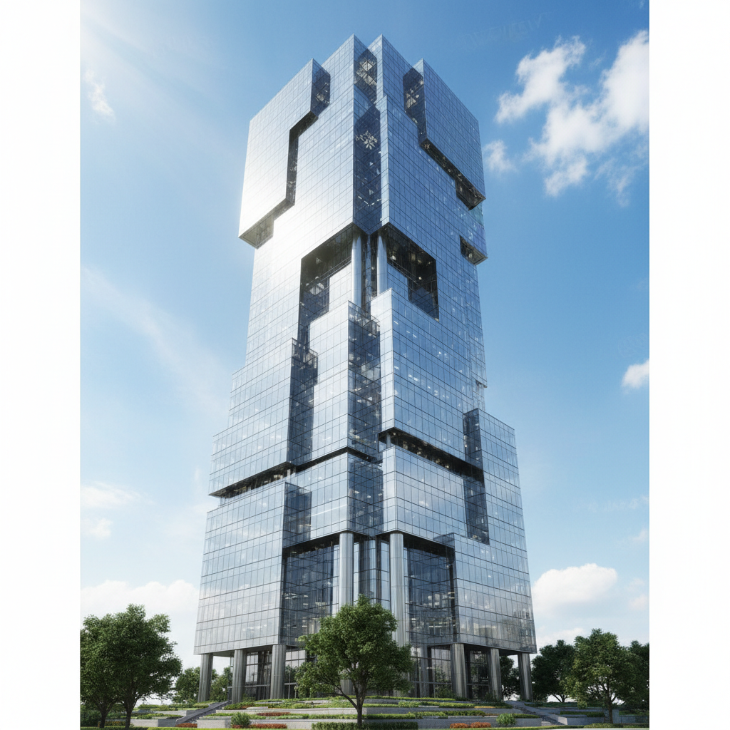 Modern corporate office building glass facade, low angle view, bright blue sky, symbolizing growth and stability
