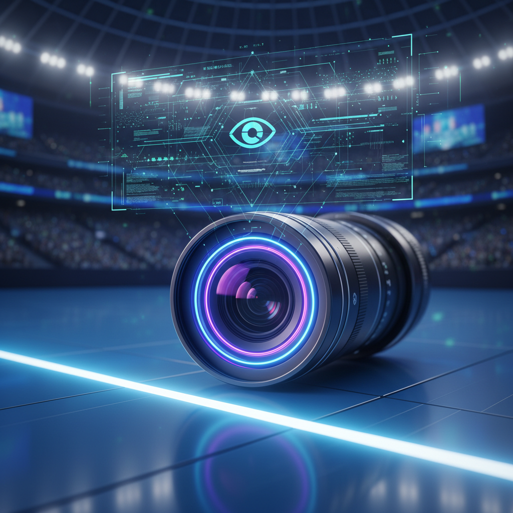 High tech sports environment, close up of a camera lens directed at a volleyball court line, symbolism of video challenge system, digital aesthetic