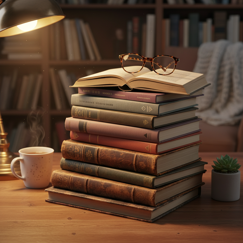 Stack of vintage and modern books on a wooden table, warm lighting, study atmosphere
