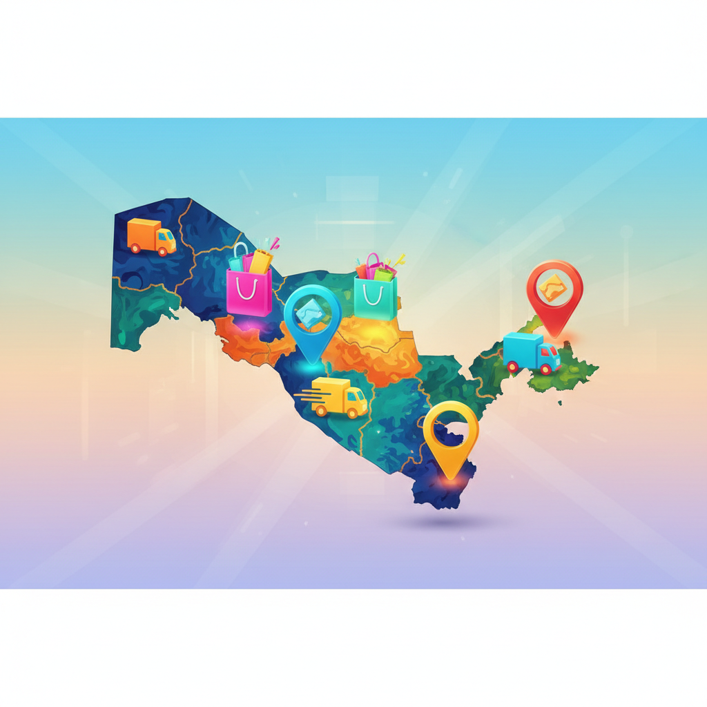 Stylized artistic map of Uzbekistan with colorful 3D pins representing shopping bags and delivery trucks, bright background, digital art style