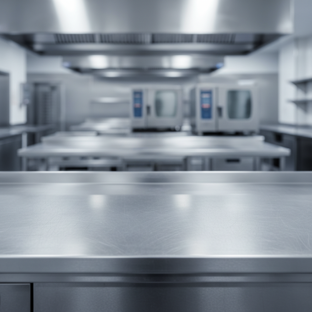 professional industrial kitchen background, clean stainless steel, blurred background, minimalist photography