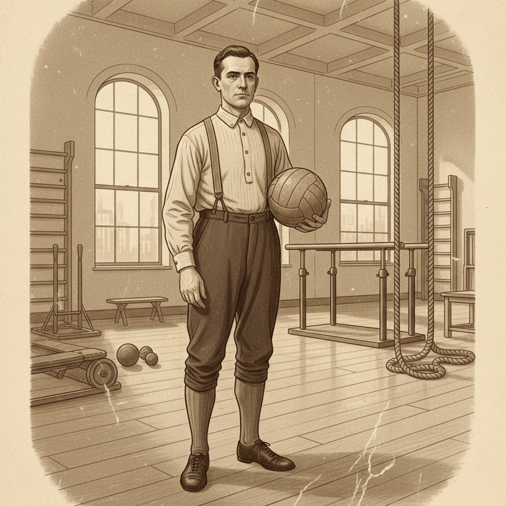 Sepia toned vintage photograph illustration of William G Morgan in 1895 holding an old leather ball in a gymnasium, retro style
