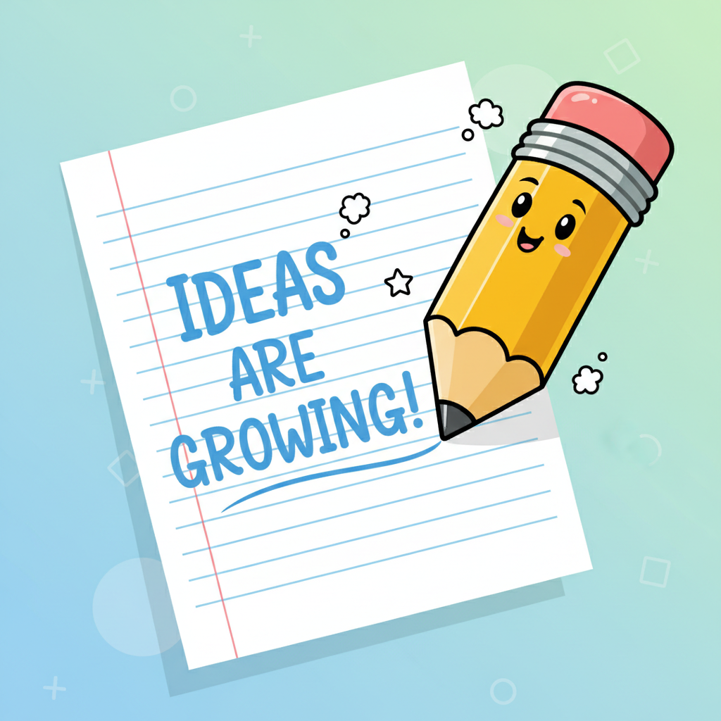 Cartoon giant yellow pencil writing on lined paper, cute style