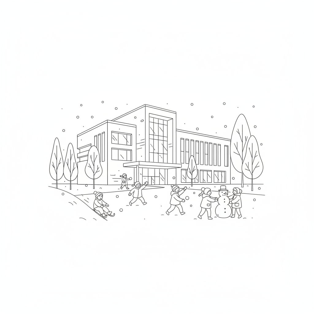 Modern school building in Russia with children playing outside, winter, line art style, minimalistic drawing, black and white sketch, clean lines, white background