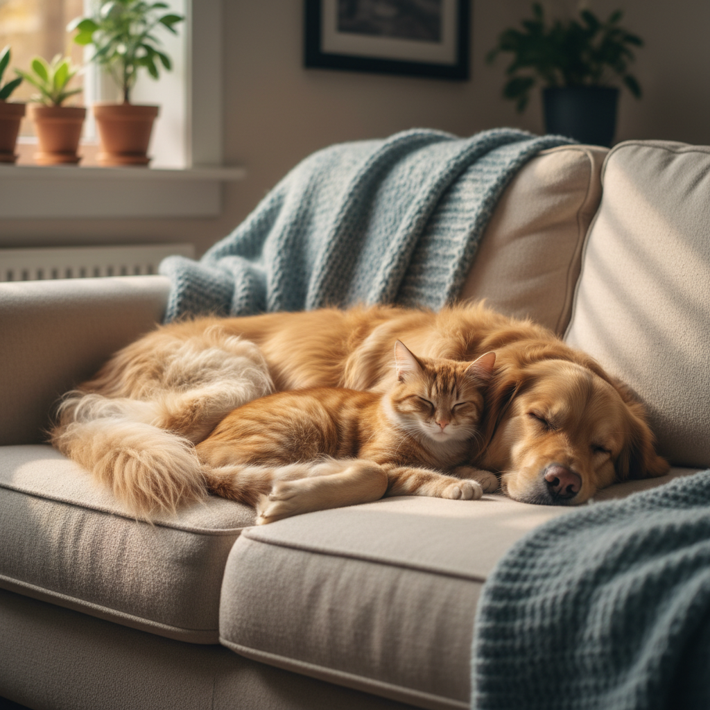 A heartwarming photo of a dog and cat sleeping curled up together on a sofa, sunbeams, cozy atmosphere