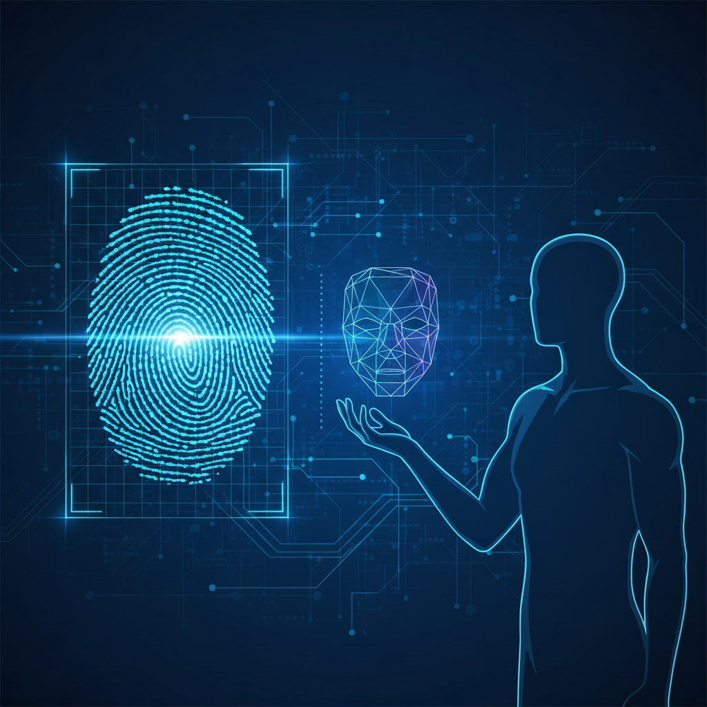 A digital fingerprint being scanned or a silhouette of a person holding a mask, cyber security concept, blue and glowing
