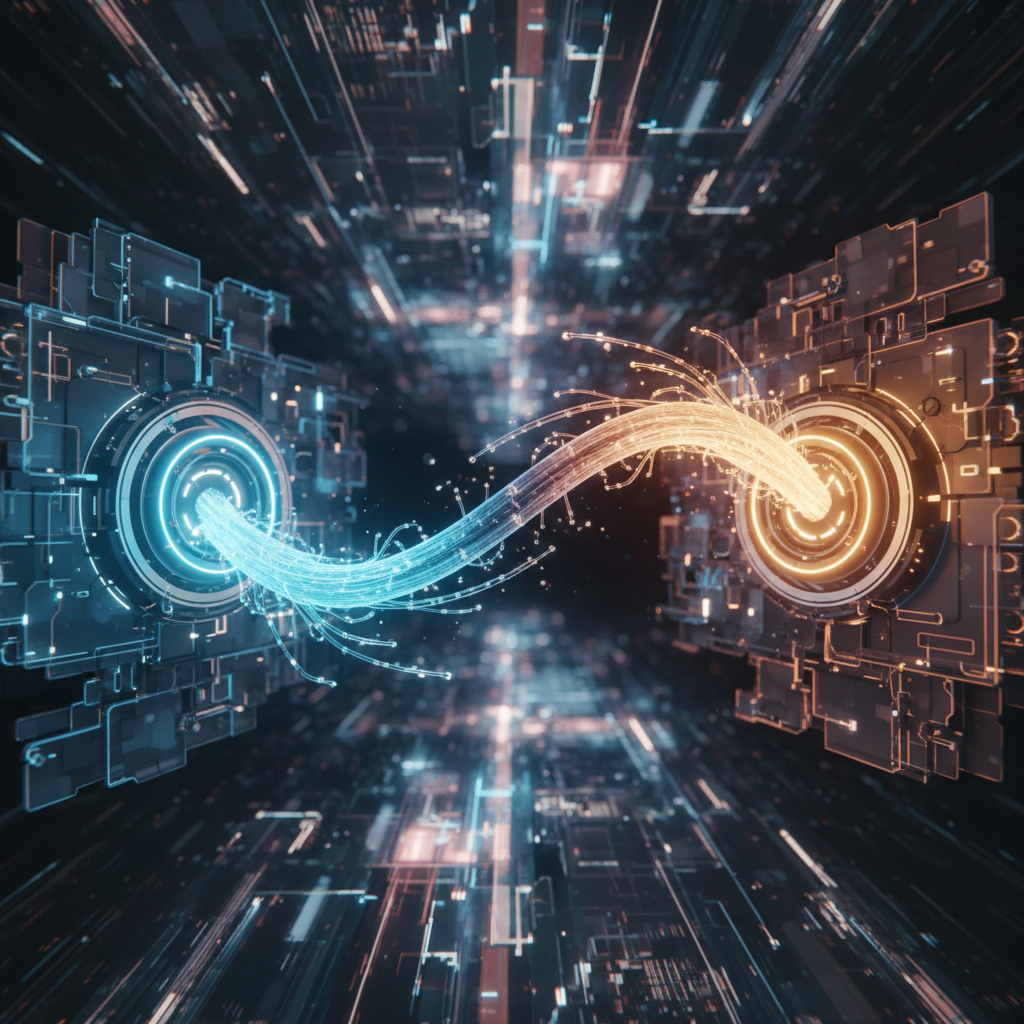 3D render of a cable connecting two glowing data ports, representing integration