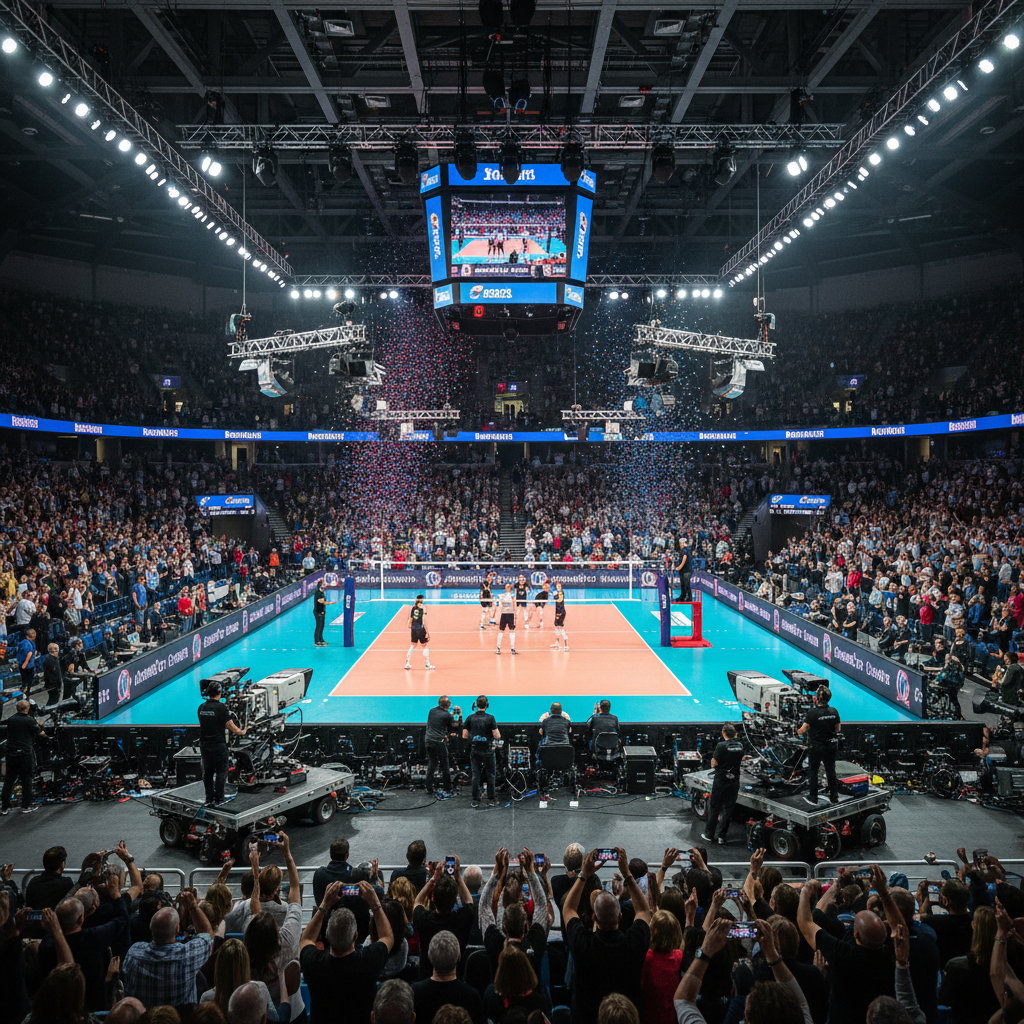 Volleyball match television broadcast setup, cameras, lights, crowded arena, spectators cheering, wide shot capturing the scale of the event