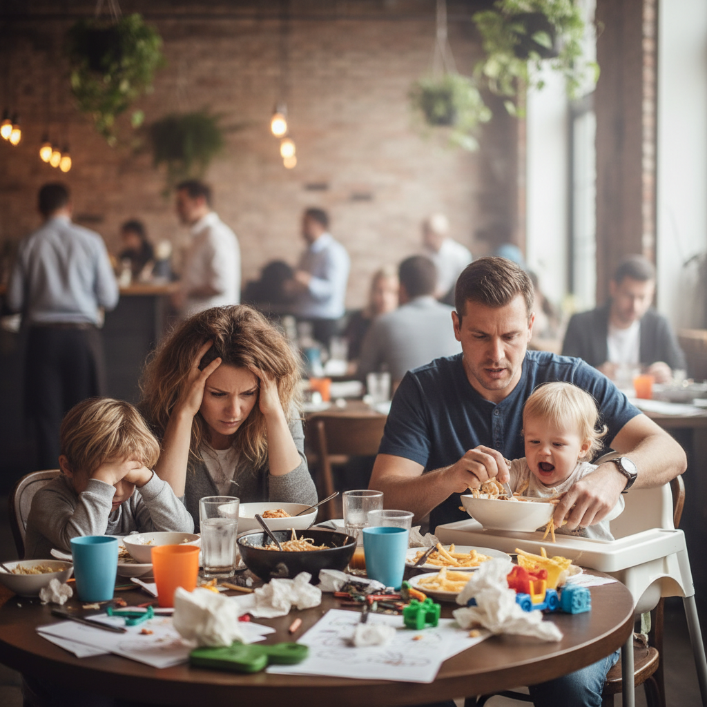 stressed parents at a chaotic messy restaurant, unhappy children, cluttered table, realistic photography style, soft focus background