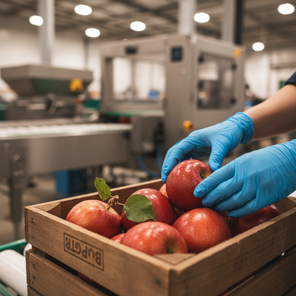 Quality assurance inspector checking red apples in a crate, focus on hands and fruit, industrial food setting