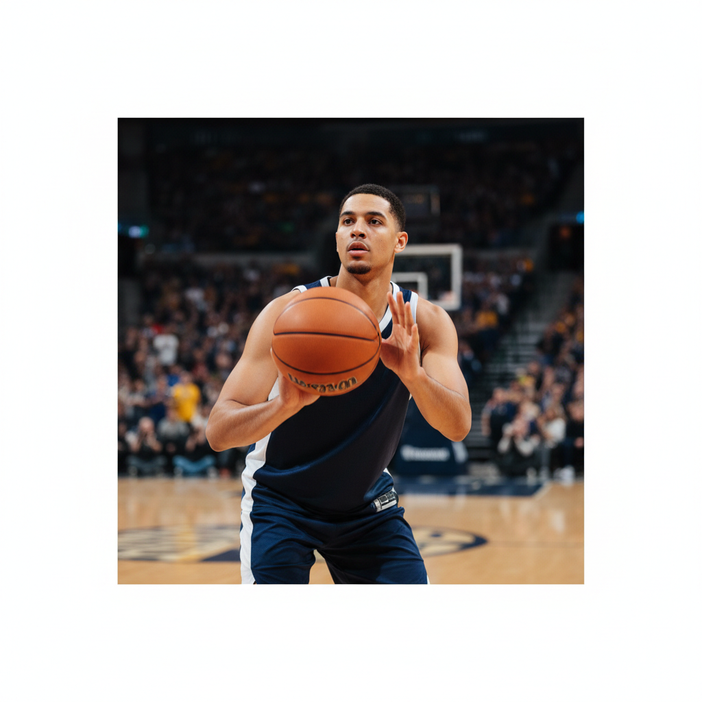 Calm free-throw routine, crowd blurred in background, focus on ball and hands
