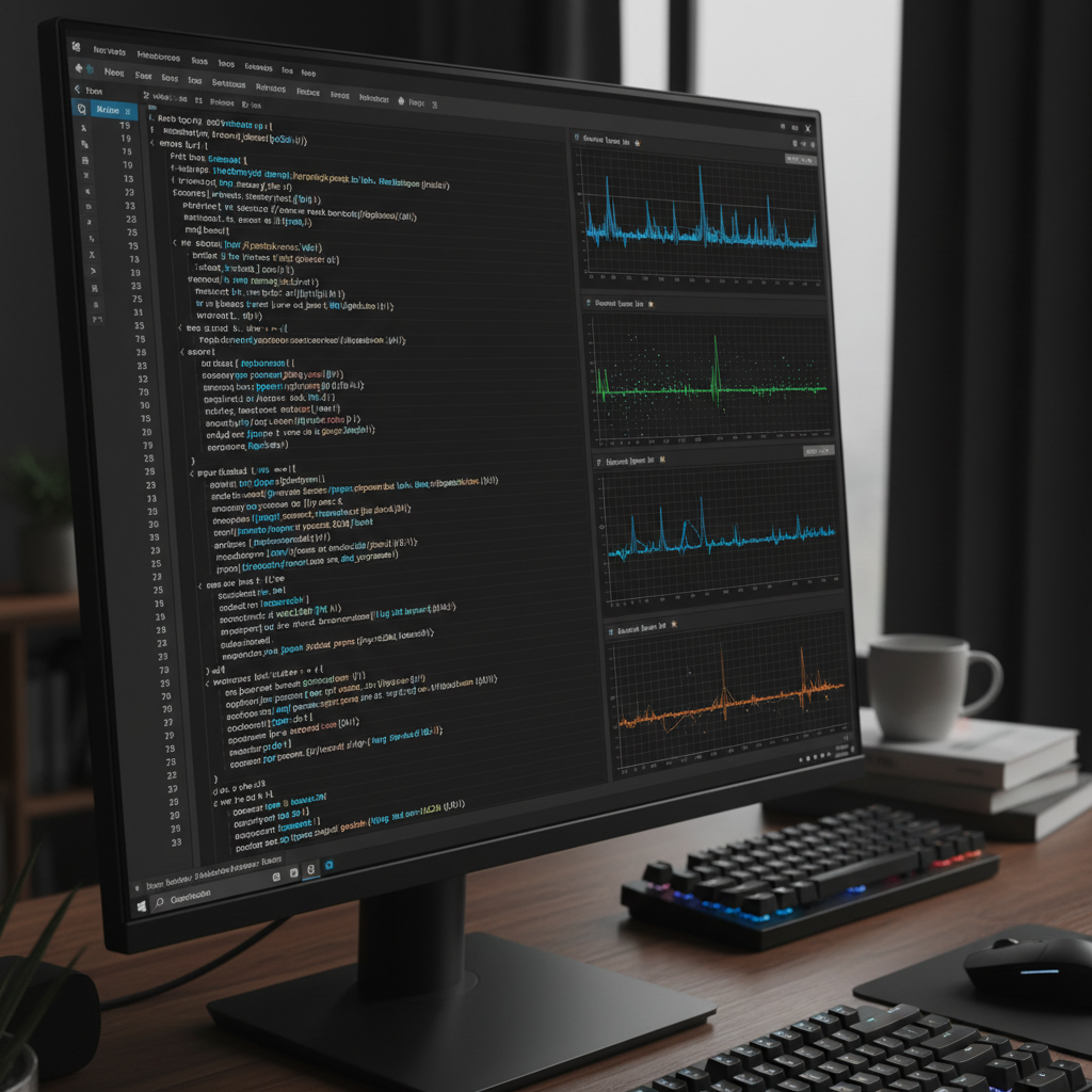 close up of a computer monitor displaying complex MATLAB programming code and signal processing graphs, dark mode IDE, professional software engineer desk, blurred background, high quality photography
