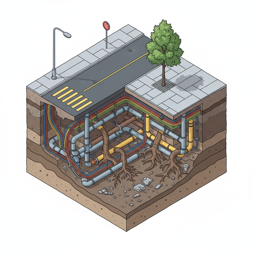 Urban street cross section showing underground cables pipes and tree roots struggling for space, isometric illustration, clean technical style