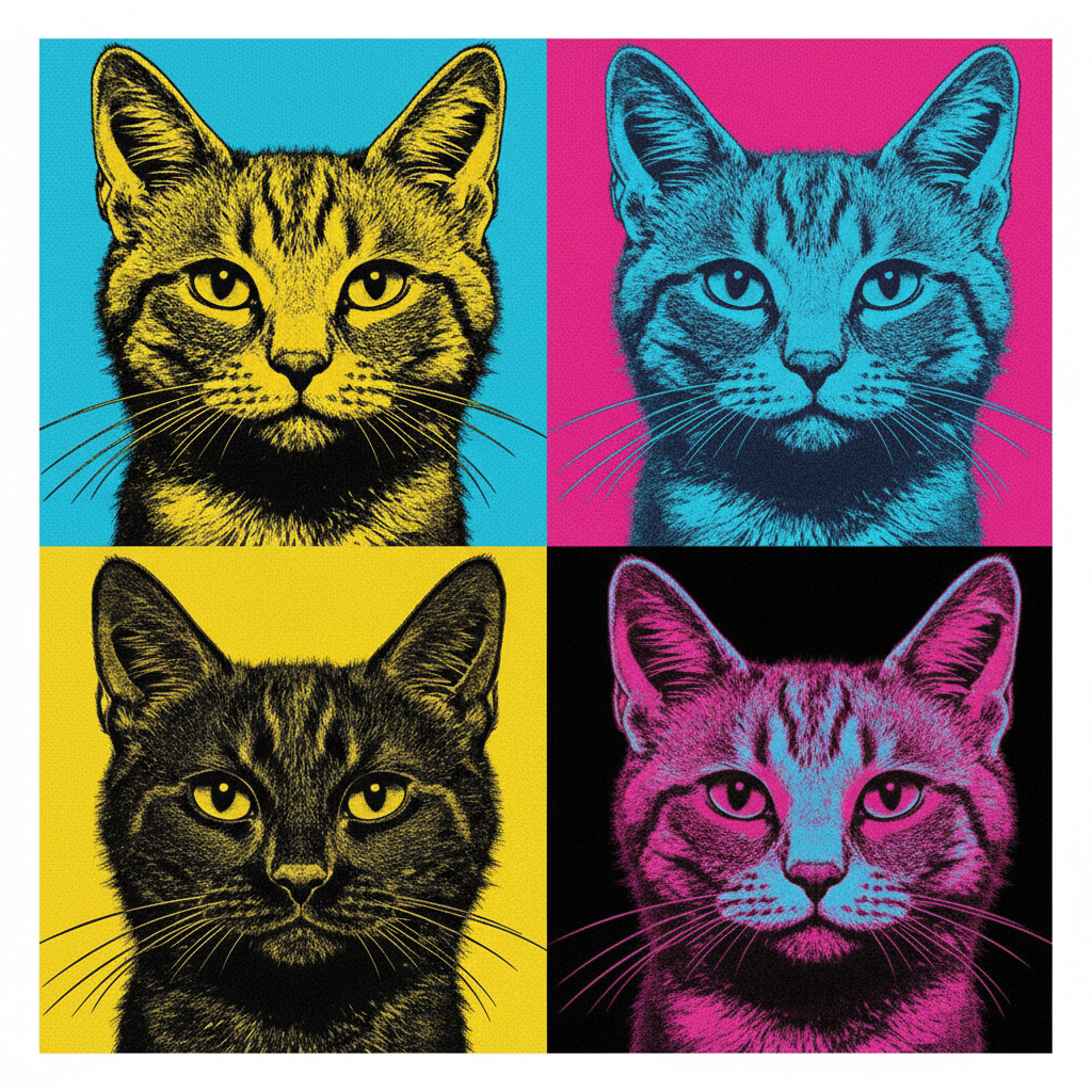 A close-up portrait of a cat in the style of Andy Warhol, four vibrant color panels, bold contrast, silk screen texture, cyan magenta yellow black
