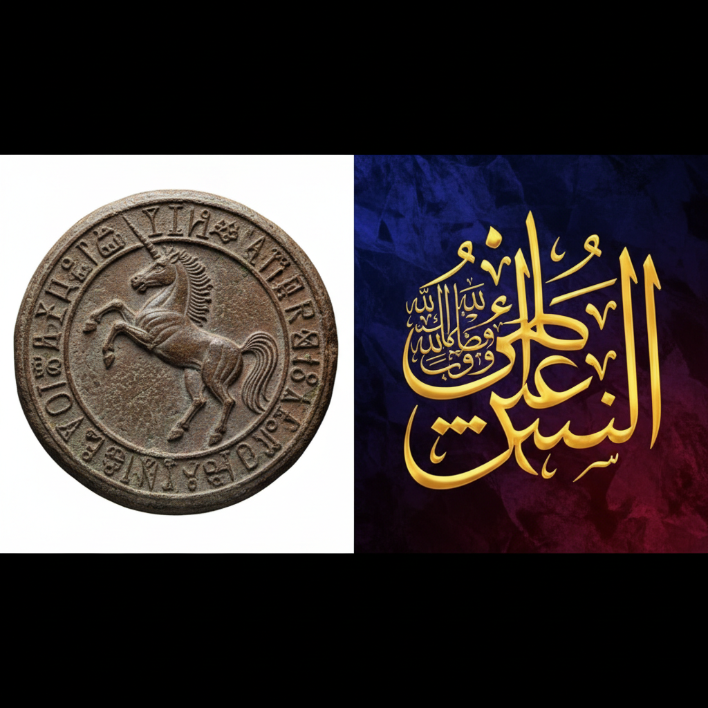 Split image. Left side: ancient stone seal with unicorn animal and symbols. Right side: beautiful Arabic golden calligraphy art. Educational composition.