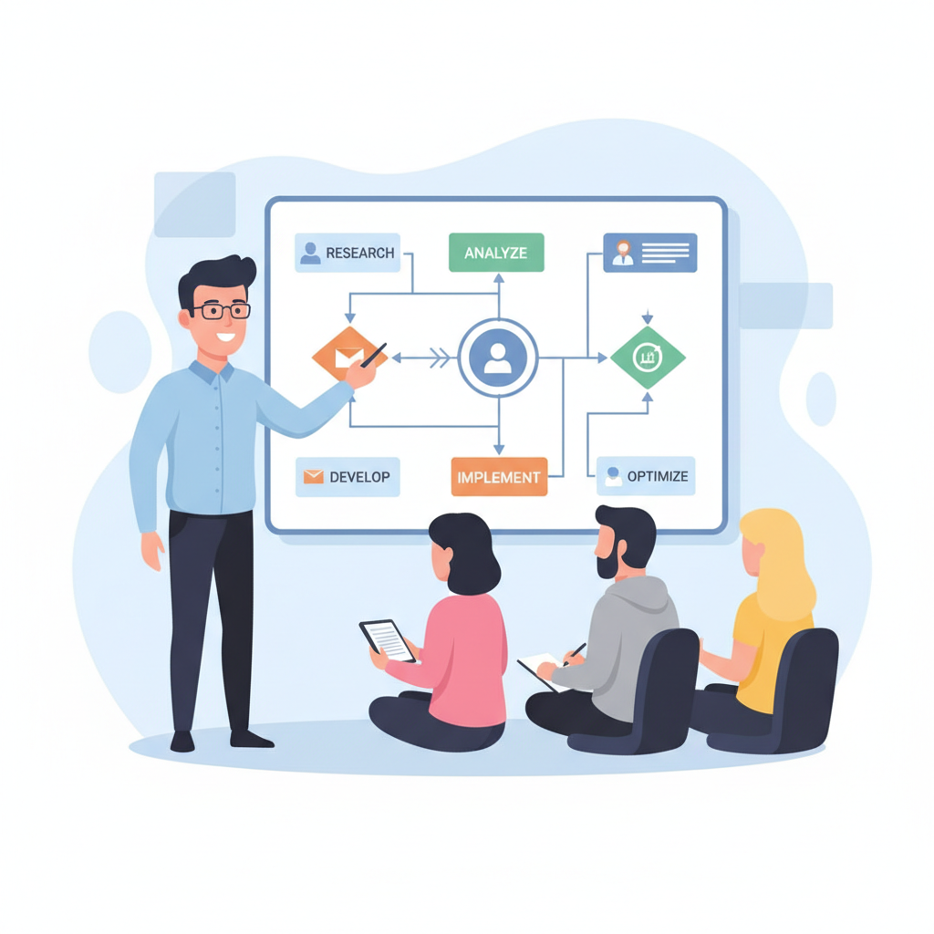 consultant pointing at a whiteboard with flowcharts, teaching users, flat vector illustration