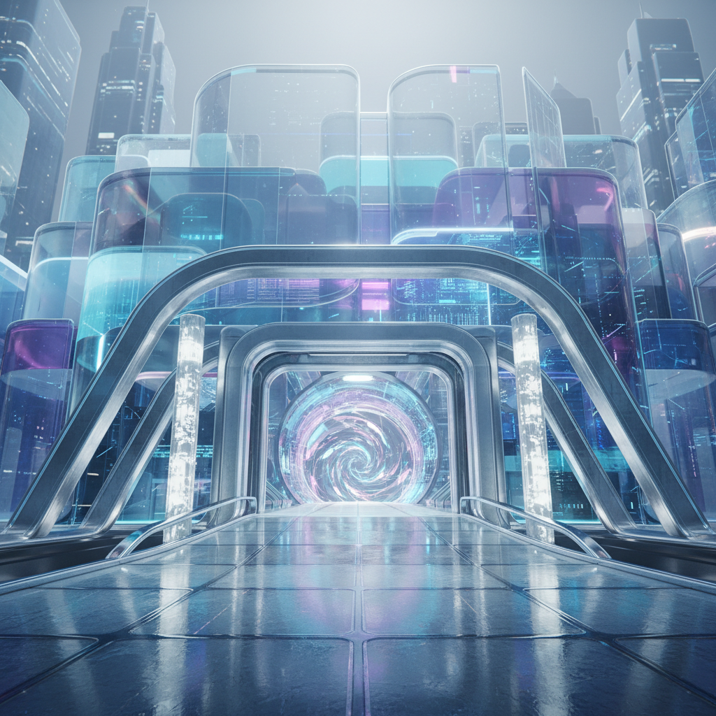 Modern 3D illustration of a futuristic cyber service center entrance, different angle, glassmorphism, soft lighting