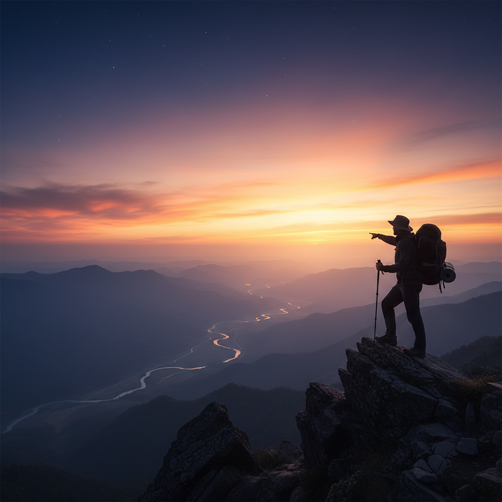 Silhouette of a backpacker traveler looking out over a vast beautiful landscape at twilight, inspiring and melancholic