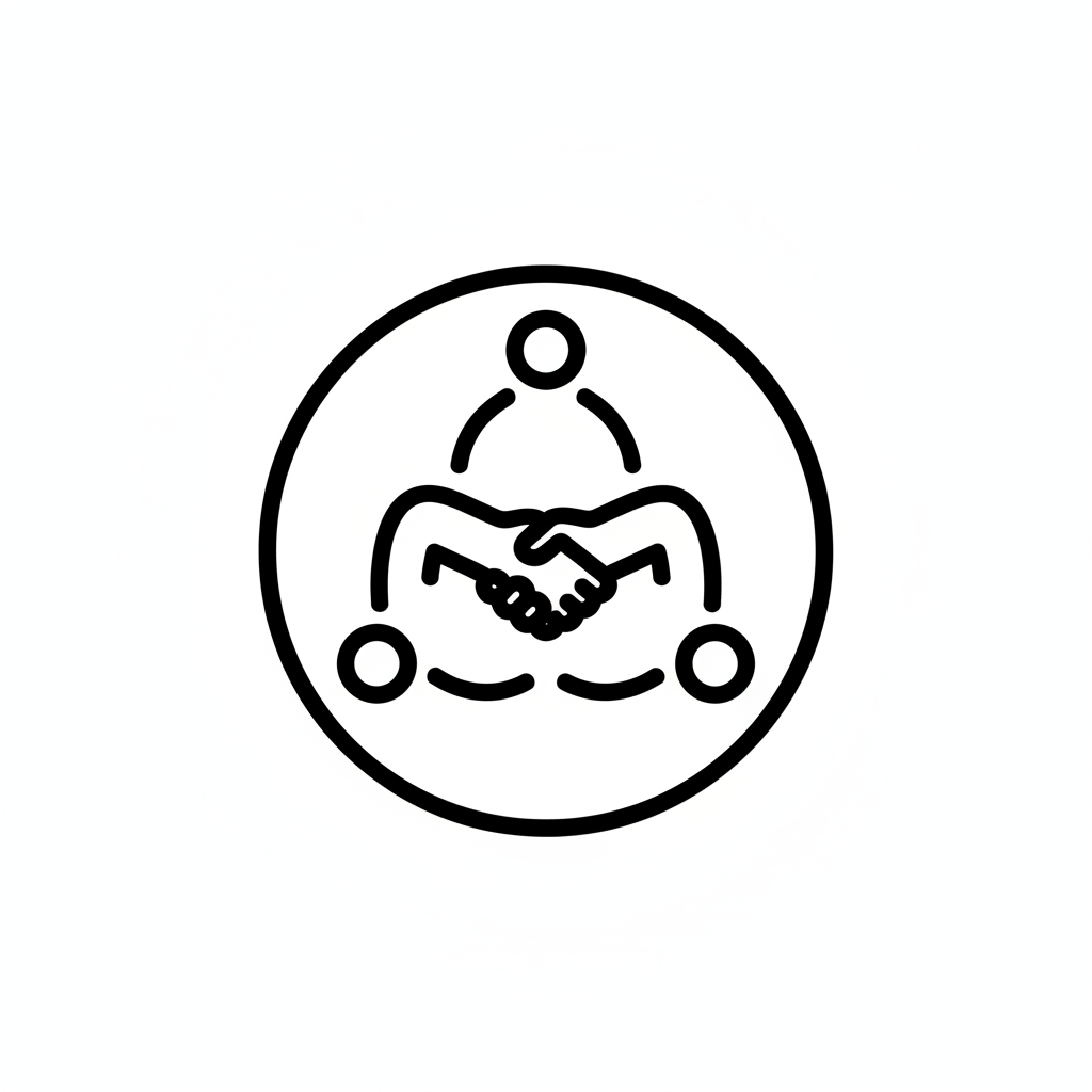 simple black icon of three people connected or a collaborative handshake, vector style, white background