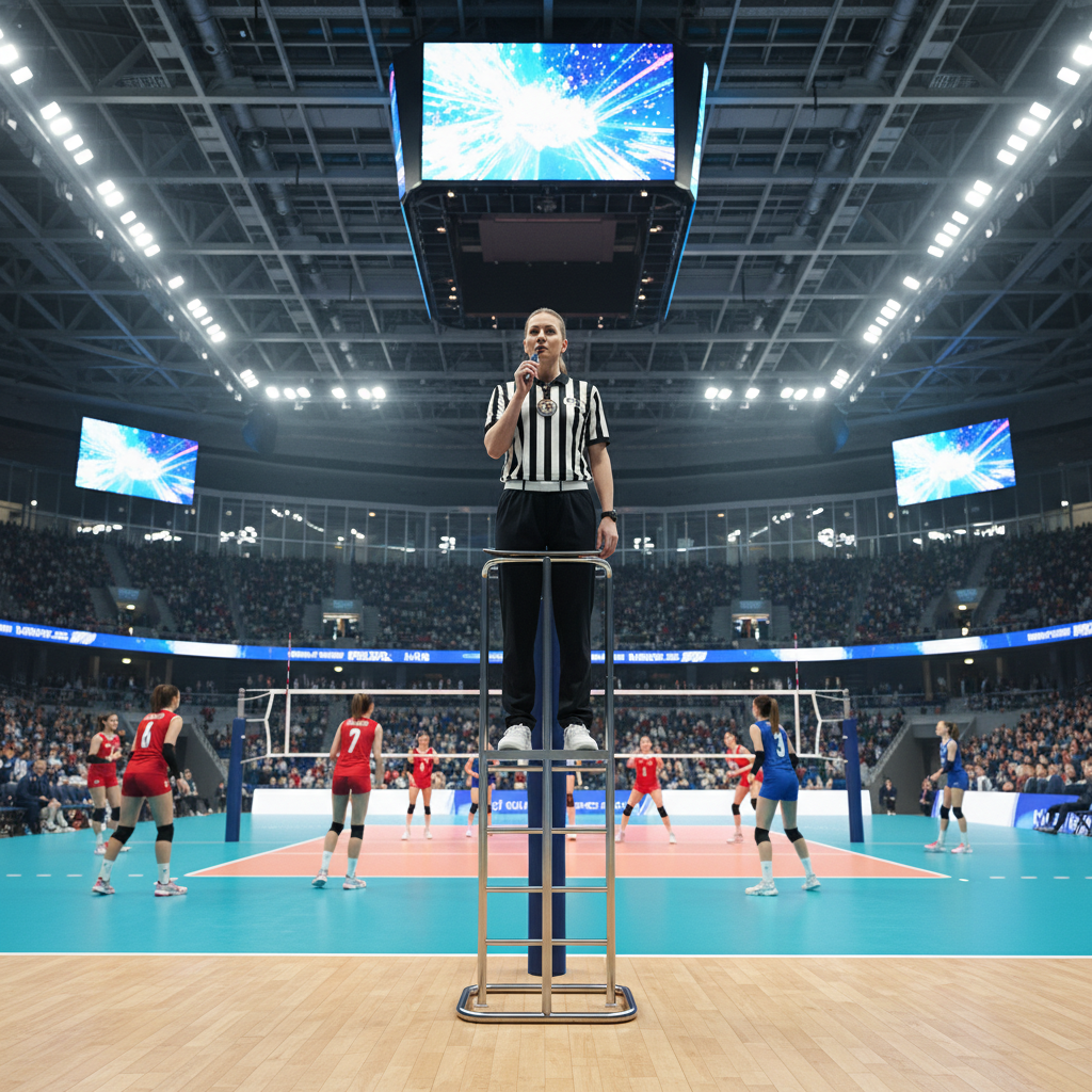 Professional volleyball referee standing on the referee stand, overseeing a match in a modern indoor stadium, focused expression, holding a whistle